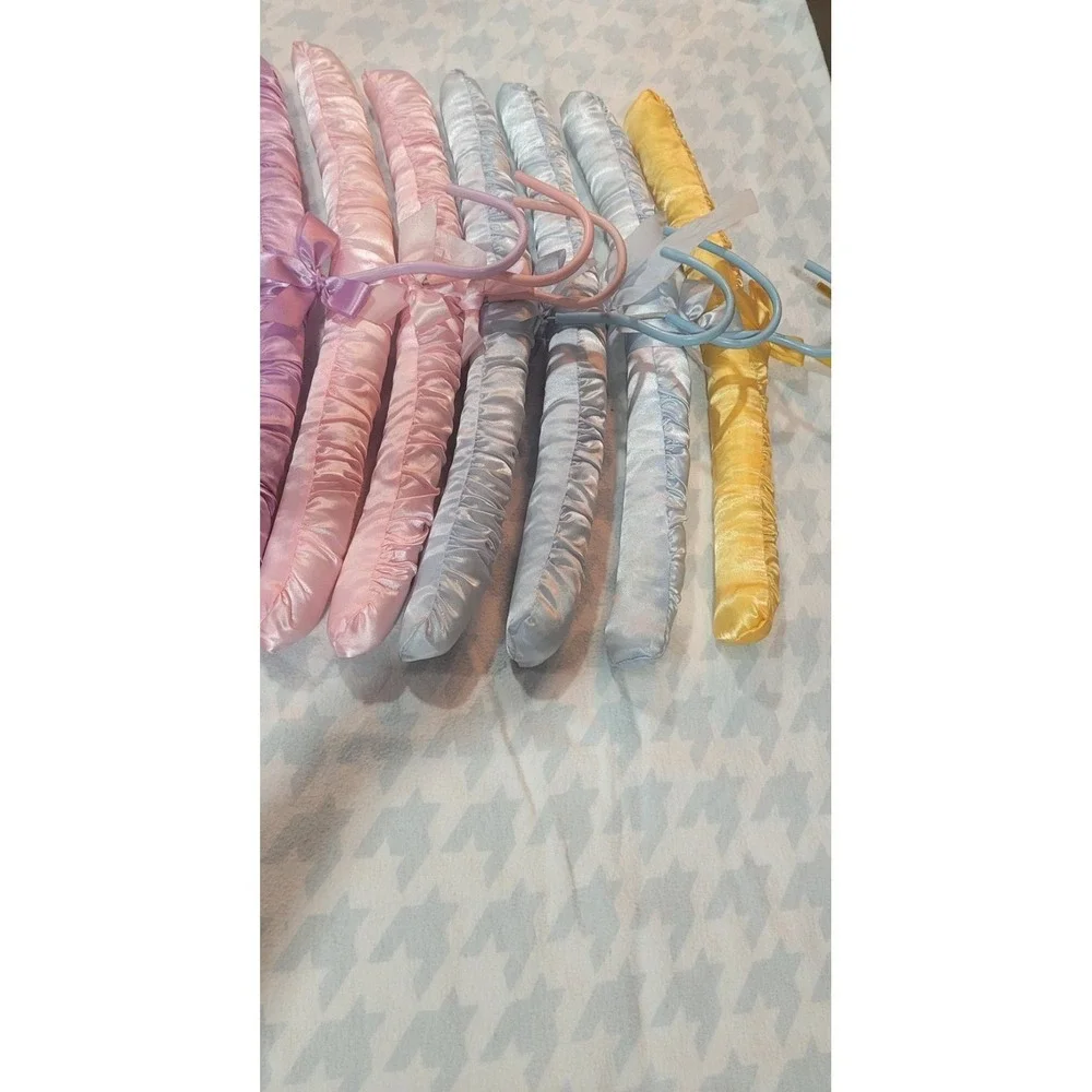 Vtg 7 Padded Satin Lingerie Hangers Pastel Pink Blue Lavender Yellow 15in